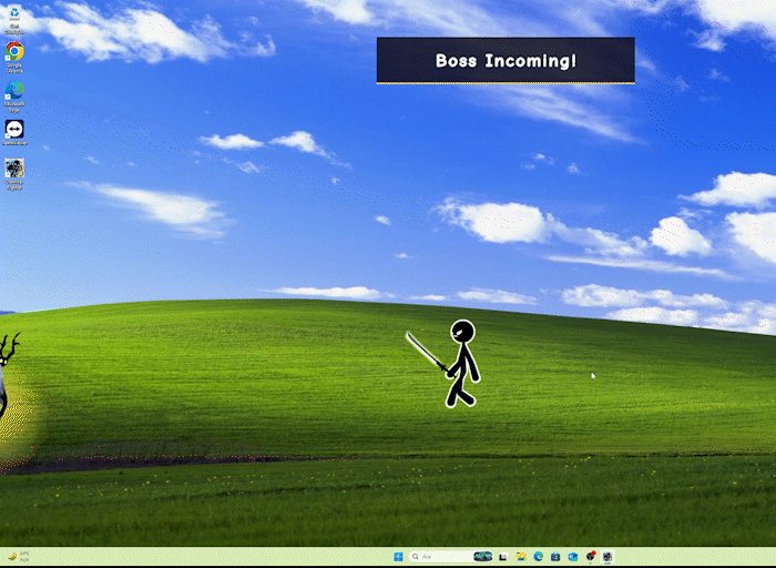 A Boss Incoming banner appears over the desktop as the sword-carrying stickman walks in