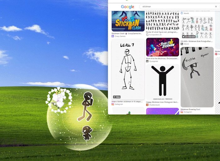 A glowing reward orb opens next to an open browser window on the desktop