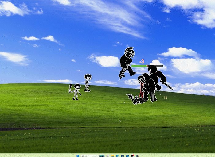 A stickman fighter battling armoured enemies on top of a Windows desktop wallpaper, with health bars and damage numbers