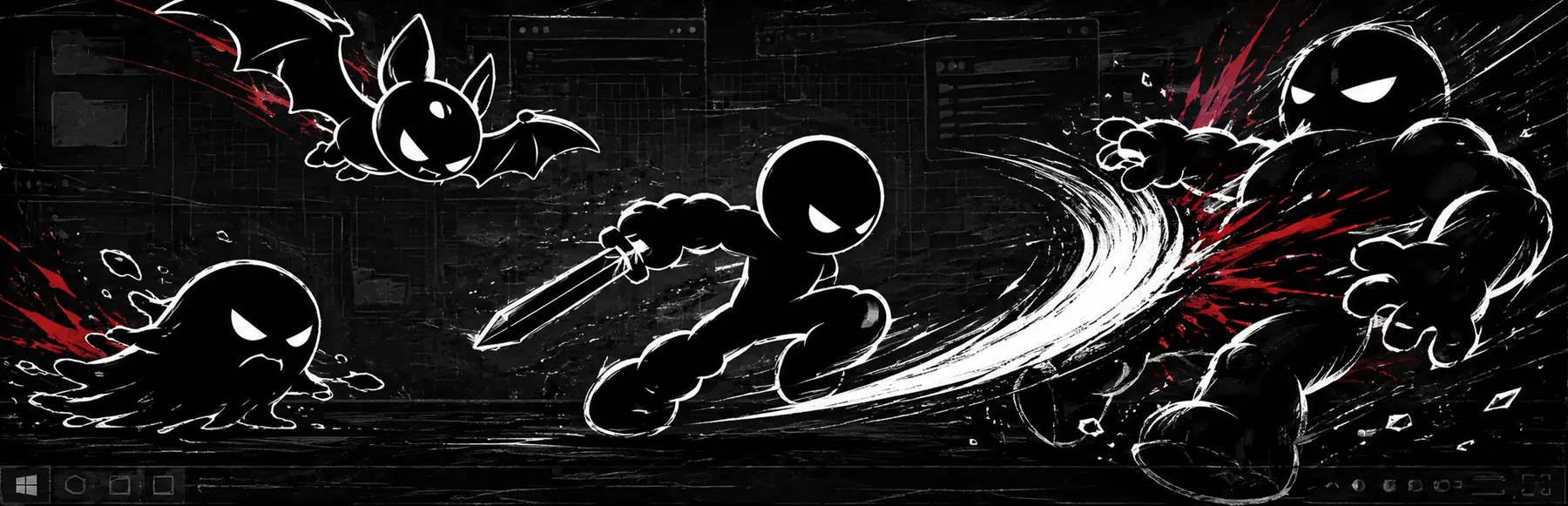 Desktop Fighter key art: a chalk-drawn stickman lunging with a sword at a hulking enemy, with a bat and a slime creature over a sketched desktop