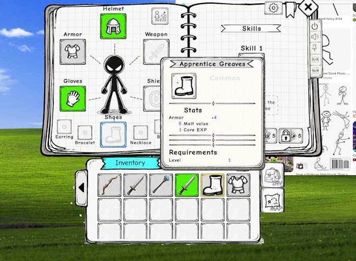 Hand-drawn notebook inventory UI showing equipment slots and an item tooltip with stats