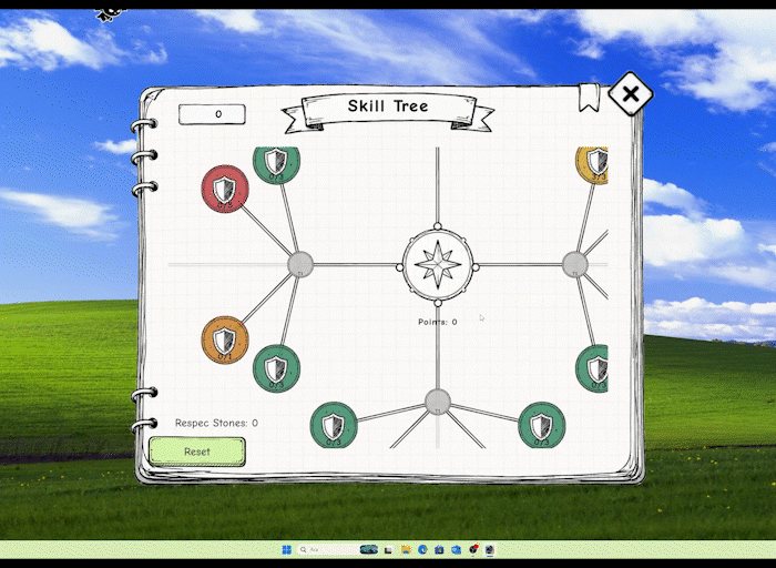 A four-direction skill tree drawn on notebook paper with class nodes and respec stones