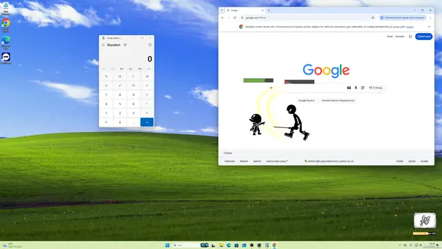 The stickman fighter trades hits beside an open Google window on the desktop