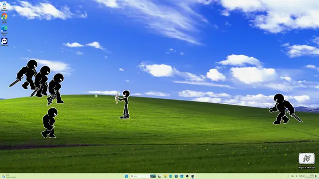 Several stickman enemies walking toward the fighter across the desktop wallpaper