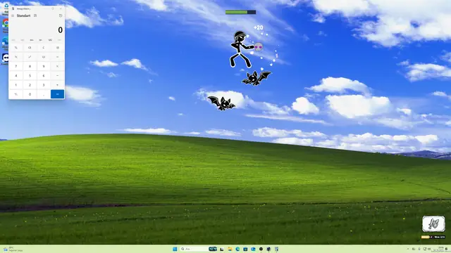 The fighter jumping to hit bat-like flying enemies above the desktop