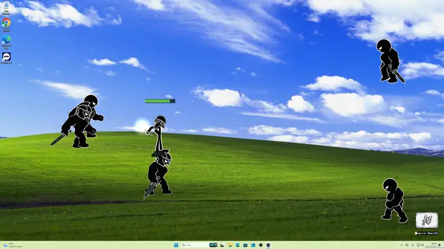 A large armoured stickman boss fighting the player character and its companion
