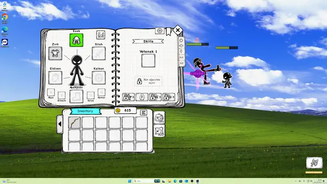 The hand-drawn equipment and skills notebook open while combat continues behind it