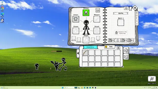 The skills page of the notebook UI open above the inventory bar