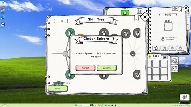The four-direction skill tree with a confirmation dialog for the Cinder Sphere skill